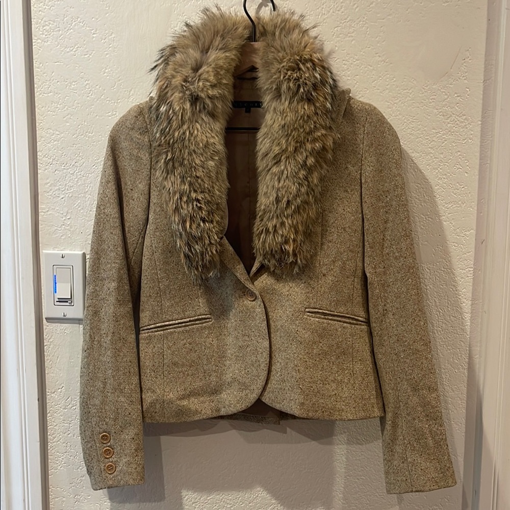 Theory Women's Wool Tan Fur Blazer with detachable collar
